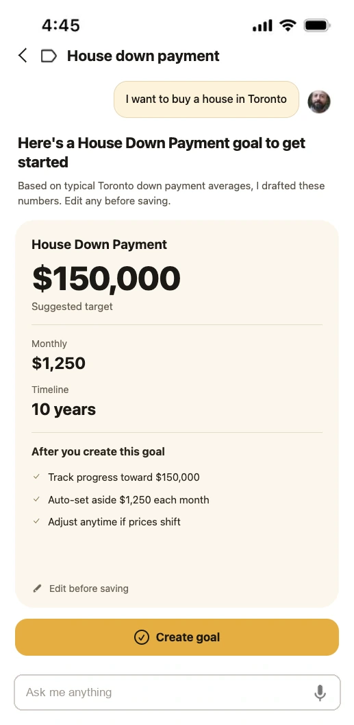 Savi creating a House Down Payment goal from a Toronto house ask