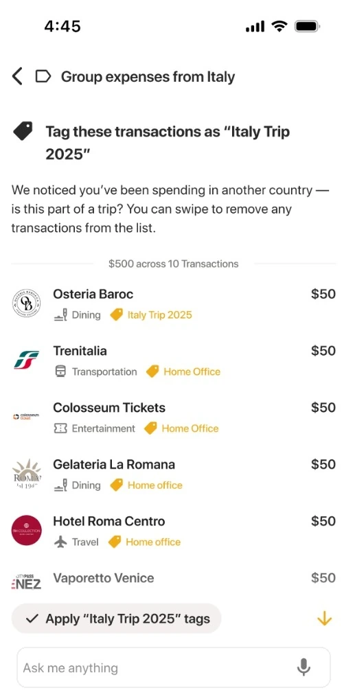 Savi suggesting to tag Italy Trip 2025 transactions