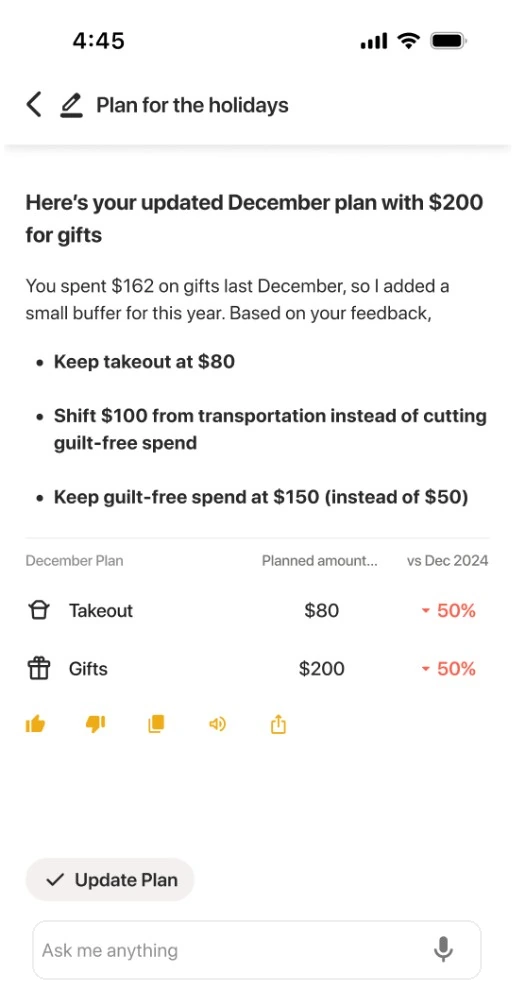 Savi updated December plan with gift and takeout amounts