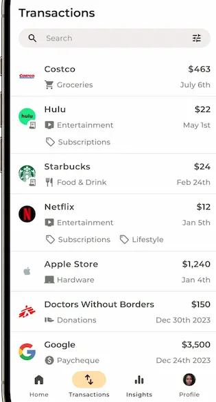 Savi app screen showing connected accounts and transactions