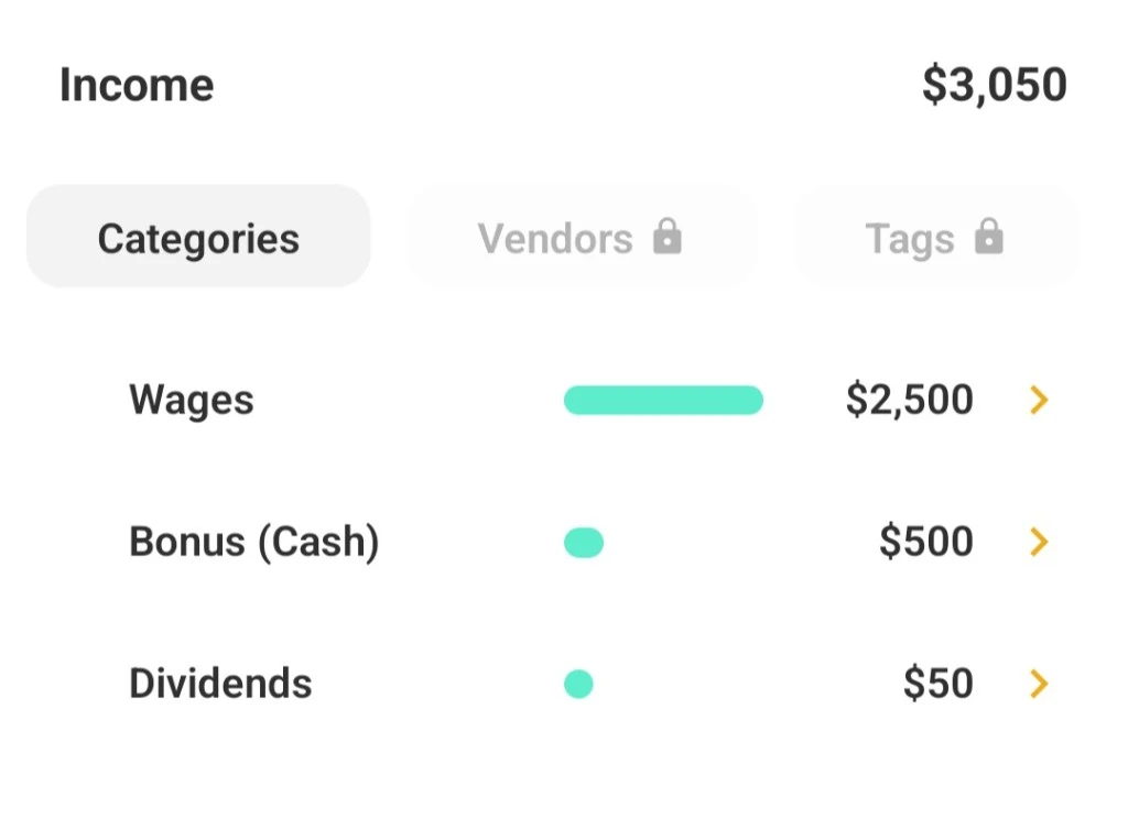 Income breakdown by category showing wages, bonus, and dividends