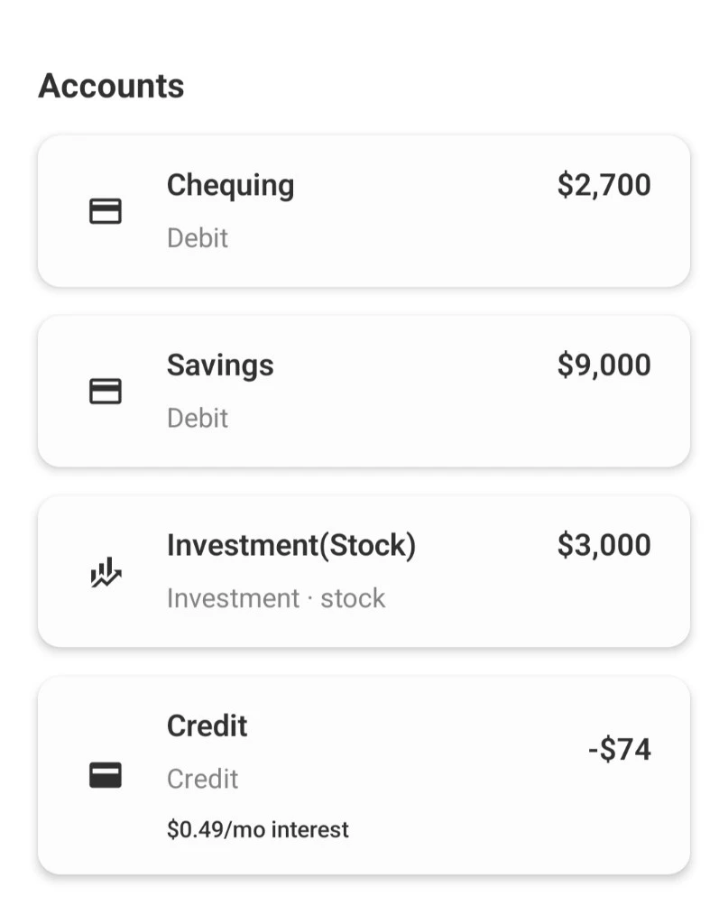 Accounts list showing chequing, savings, investment, and credit balances