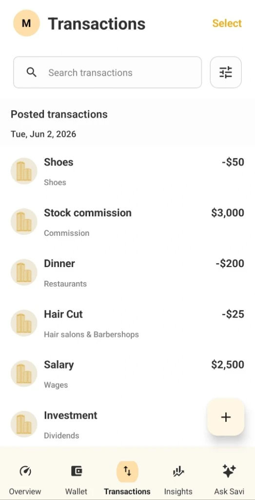 Transaction list with search, categories, and income and expense entries