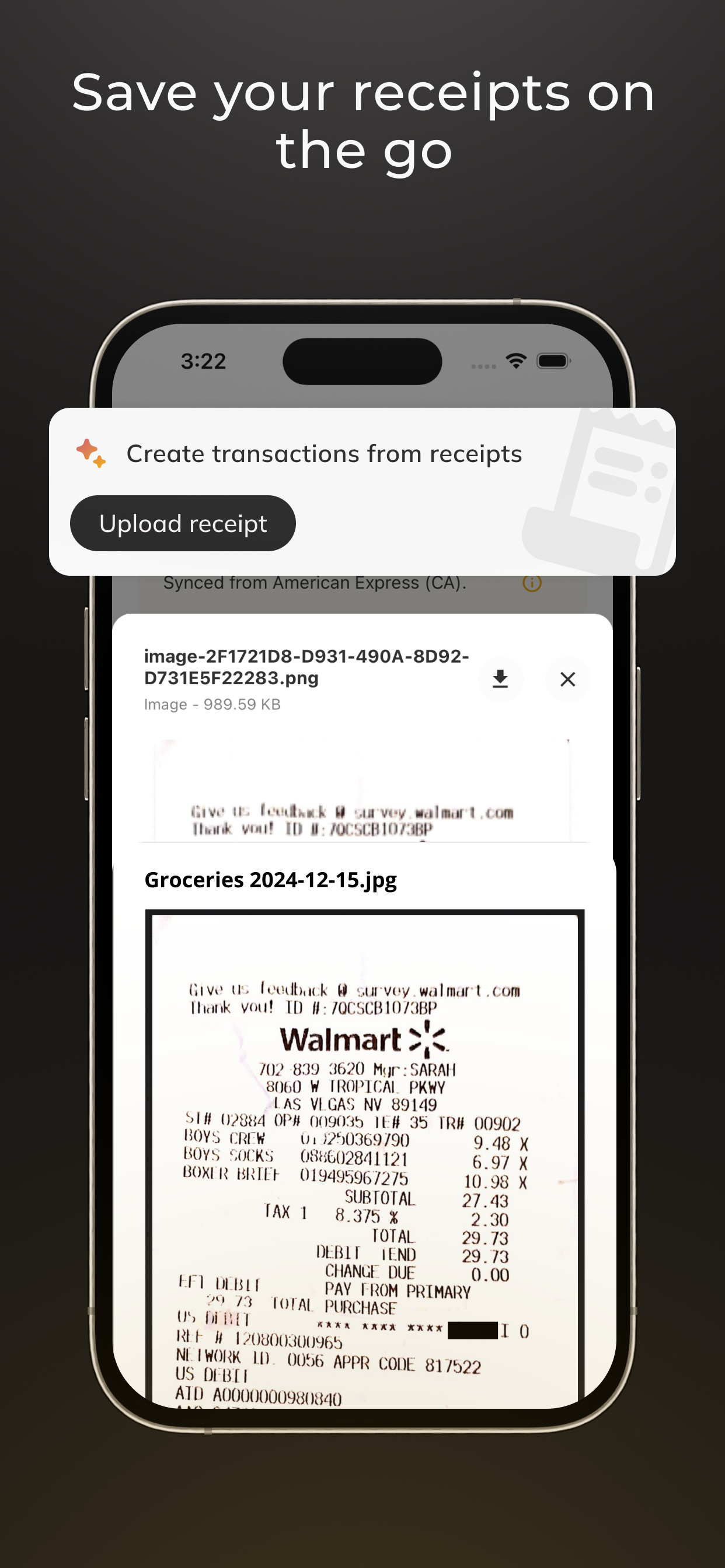 Save your receipts on the go — Upload receipt screen